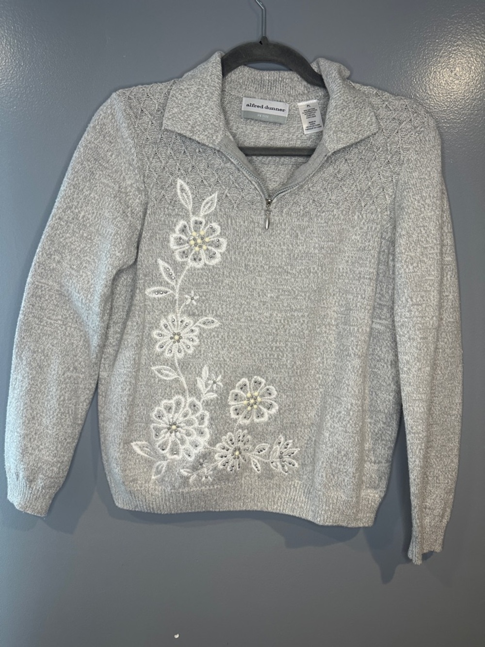 Alfred Dunner Petite L Gray Embroidered Quarter Zip Sweater cottagecore boho